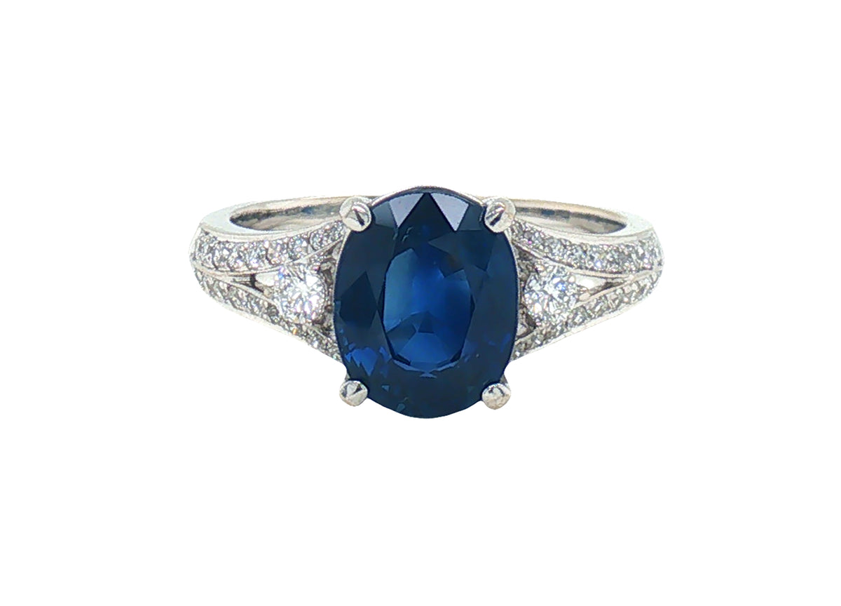 2.78 Carat Oval Blue Sapphire Diamond Engagement Style Ring