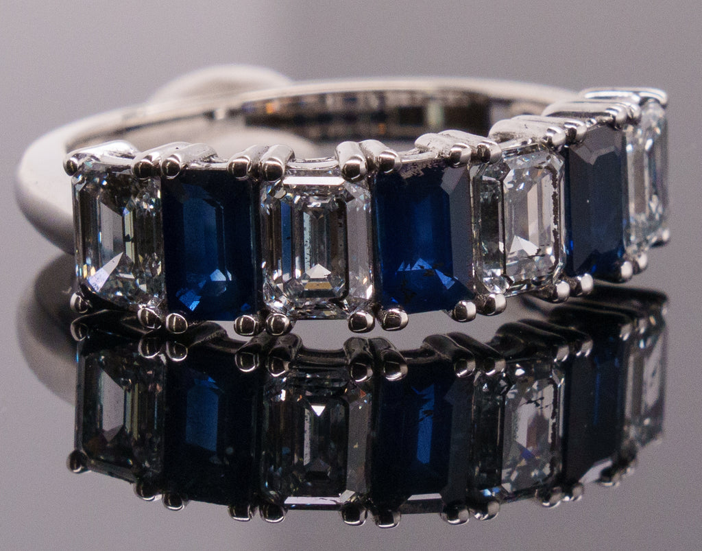 GIA Certified Emerald Cut Sapphire Diamond Band Ring in 18K White Gold