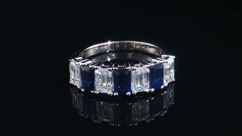 GIA Certified Emerald Cut Sapphire Diamond Band Ring in 18K White Gold