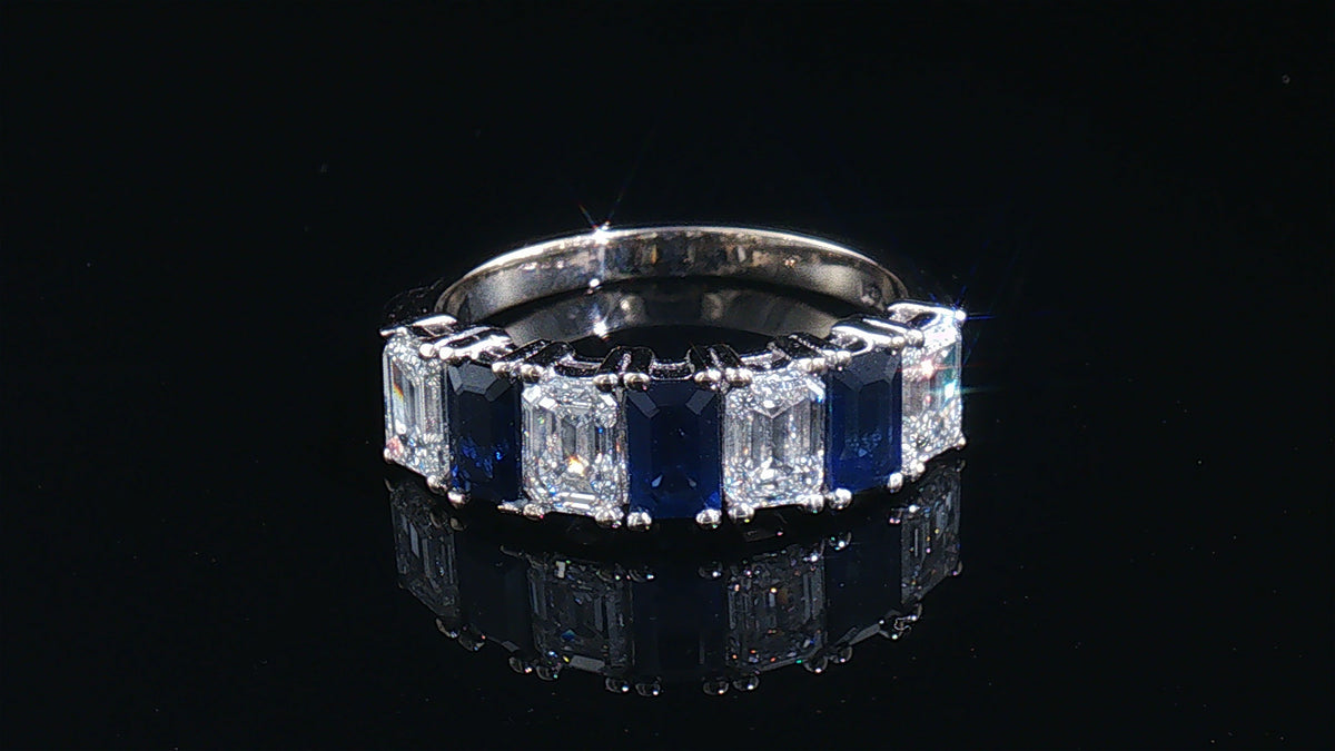 GIA Certified Emerald Cut Sapphire Diamond Band Ring in 18K White Gold