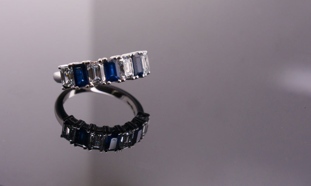 GIA Certified Emerald Cut Sapphire Diamond Band Ring in 18K White Gold