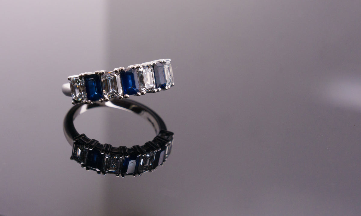 GIA Certified Emerald Cut Sapphire Diamond Band Ring in 18K White Gold
