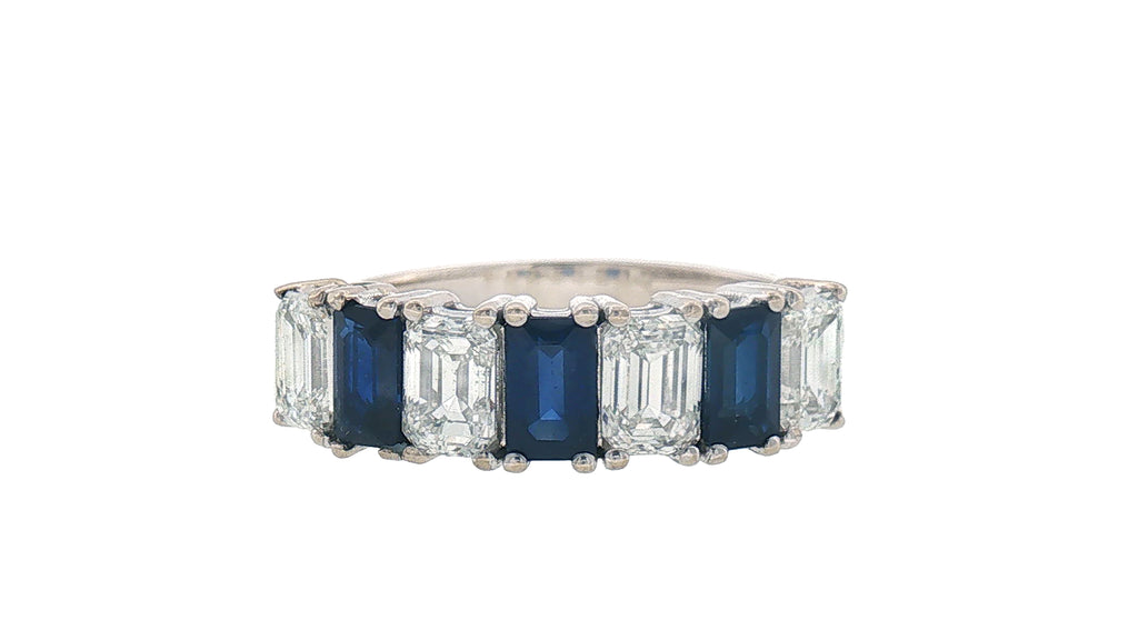 GIA Certified Emerald Cut Sapphire Diamond Band Ring in 18K White Gold