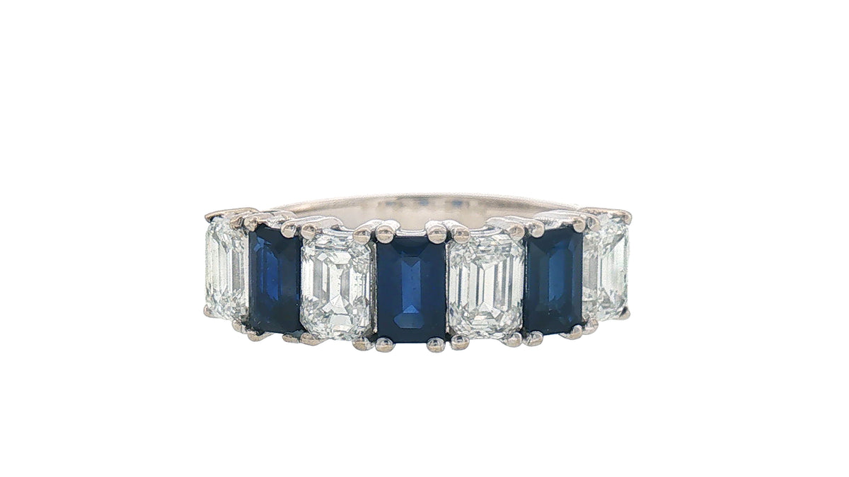 GIA Certified Emerald Cut Sapphire Diamond Band Ring in 18K White Gold