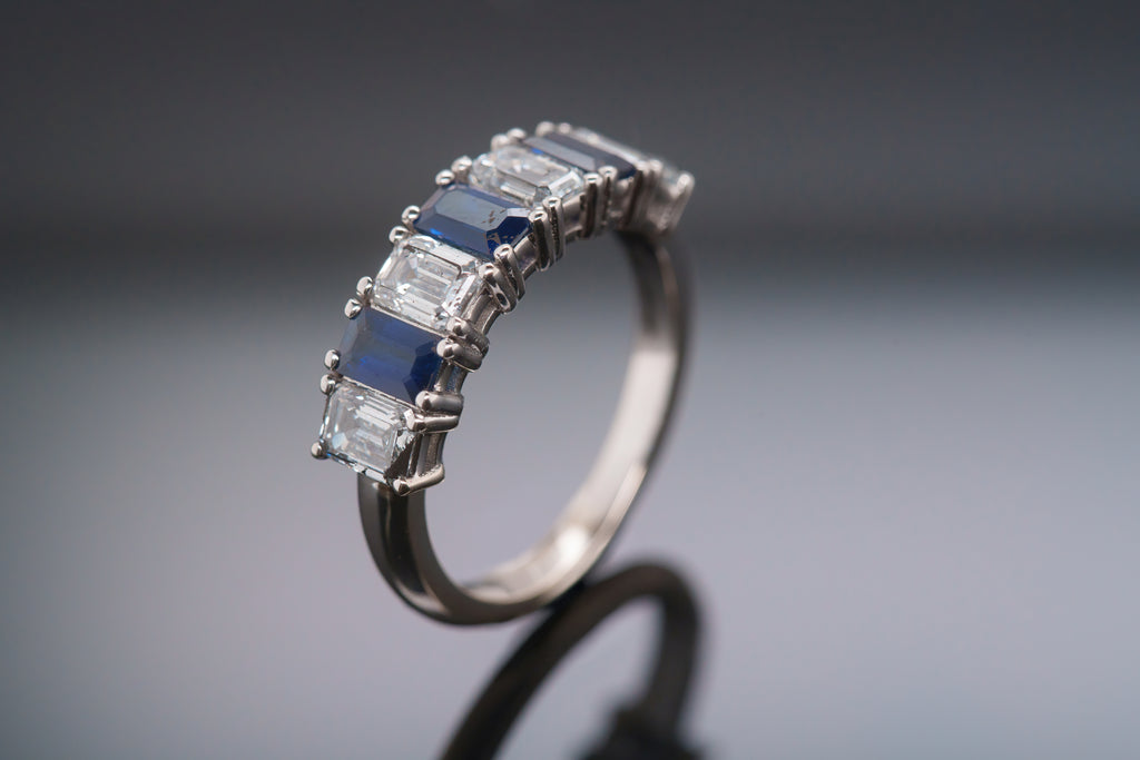 GIA Certified Emerald Cut Sapphire Diamond Band Ring in 18K White Gold
