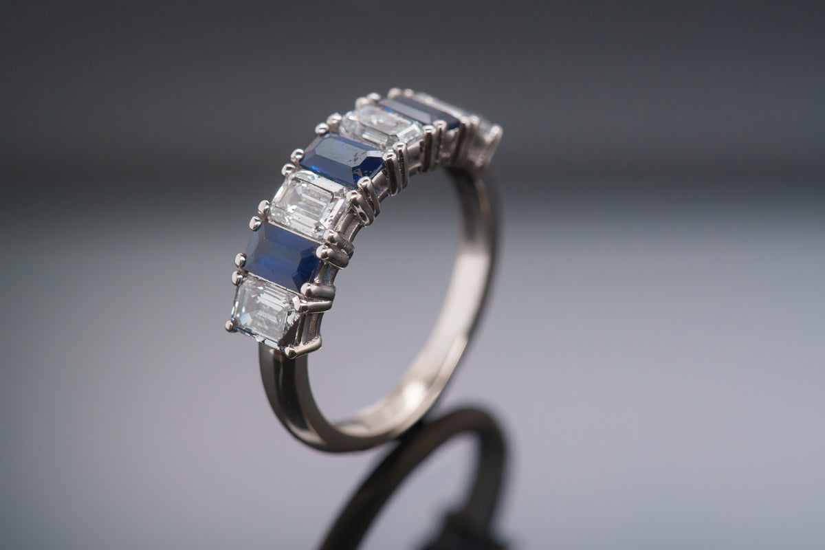 GIA Certified Emerald Cut Sapphire Diamond Band Ring in 18K White Gold