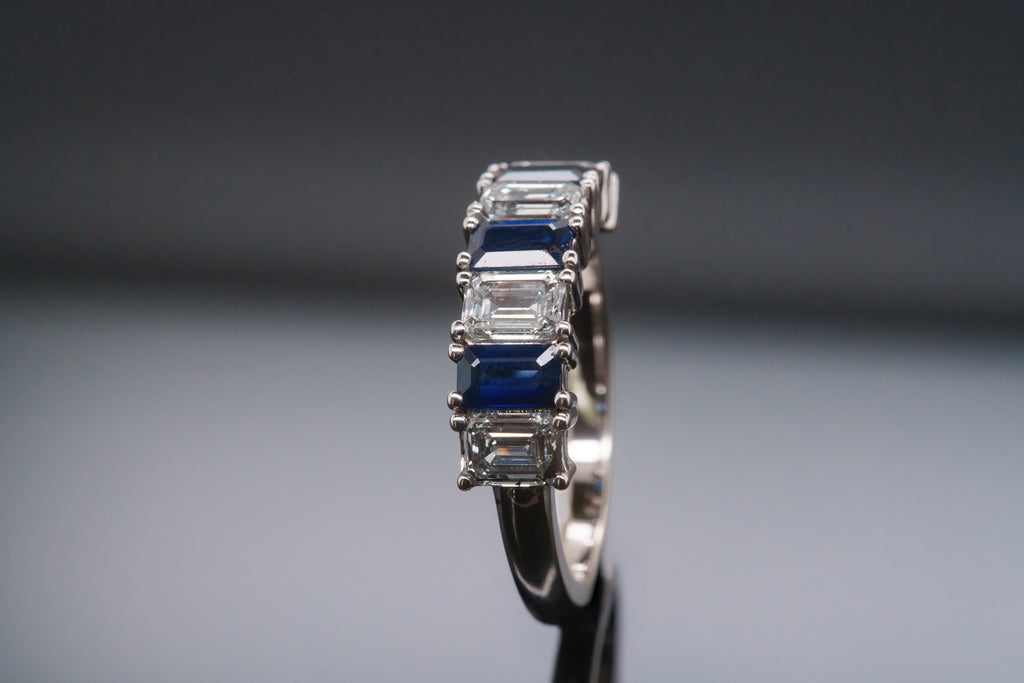 GIA Certified Emerald Cut Sapphire Diamond Band Ring in 18K White Gold
