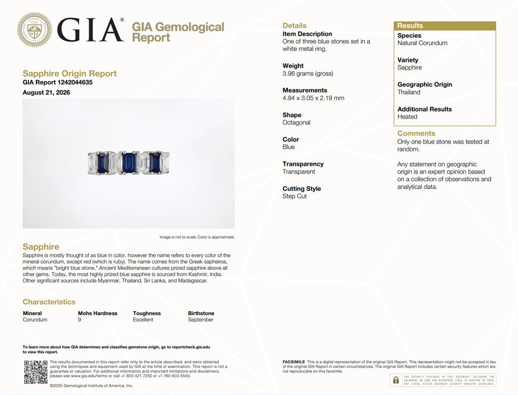 GIA Certified Emerald Cut Sapphire Diamond Band Ring in 18K White Gold