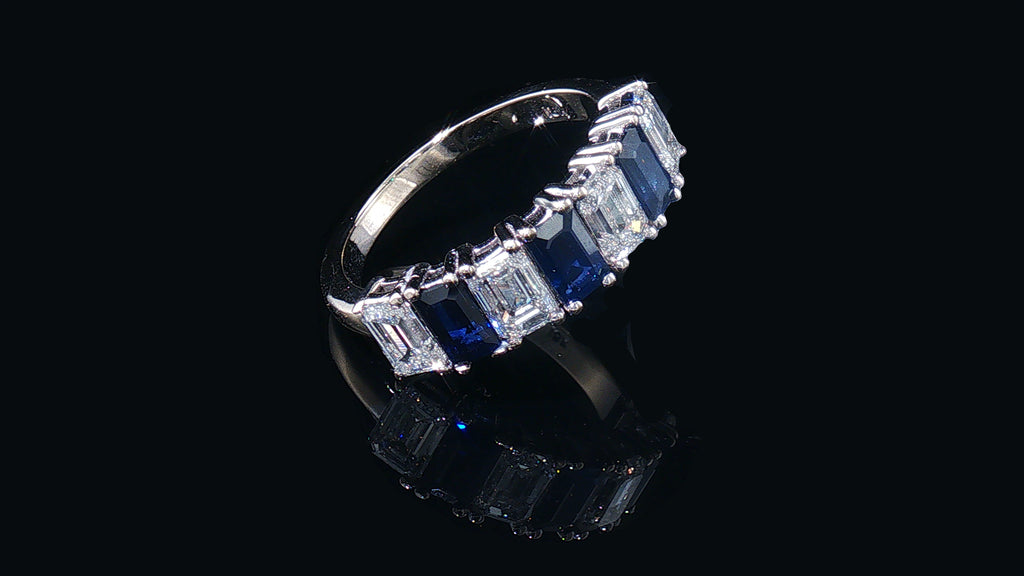 GIA Certified Emerald Cut Sapphire Diamond Band Ring in 18K White Gold