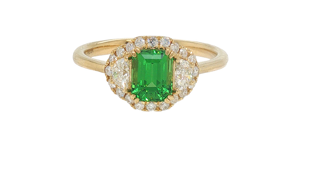 GIA Certified Tsavorite Garnet and Diamond Halo Ring in 18K Yellow Gold