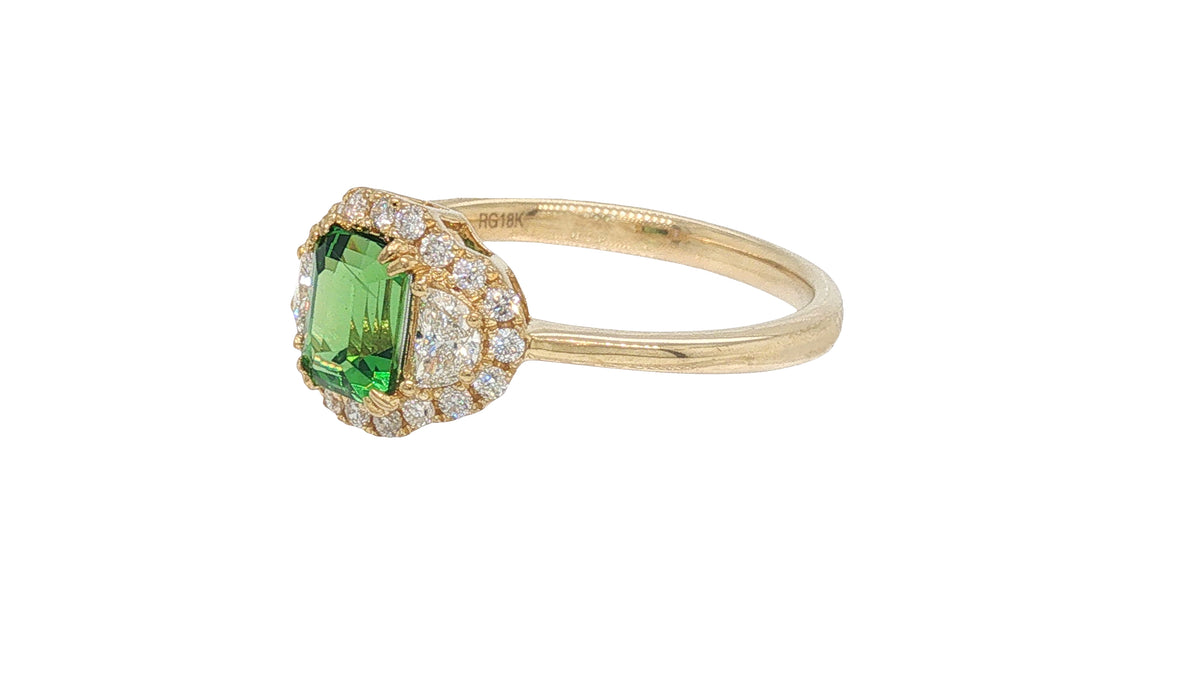 GIA Certified Tsavorite Garnet and Diamond Halo Ring in 18K Yellow Gold