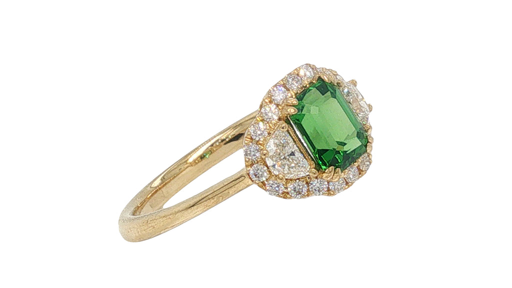 GIA Certified Tsavorite Garnet and Diamond Halo Ring in 18K Yellow Gold