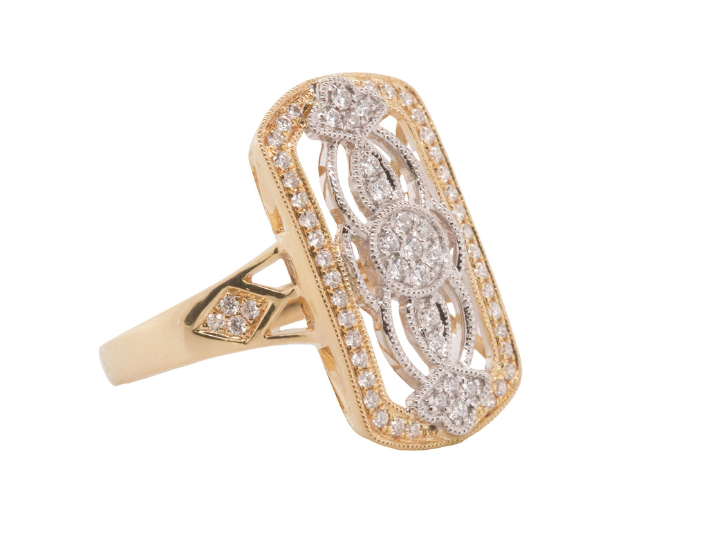 Art Deco–Inspired Diamond Openwork Ring in 18K Yellow and White Gold
