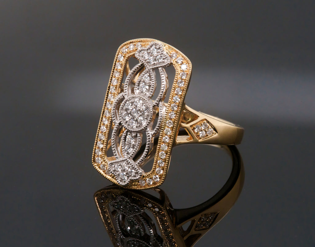 Art Deco–Inspired Diamond Openwork Ring in 18K Yellow and White Gold