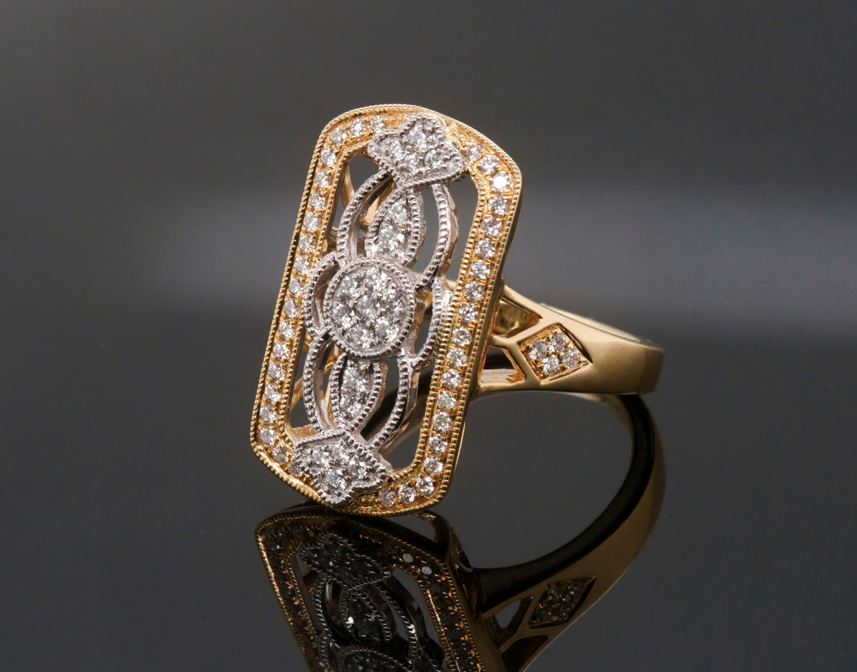Art Deco–Inspired Diamond Openwork Ring in 18K Yellow and White Gold