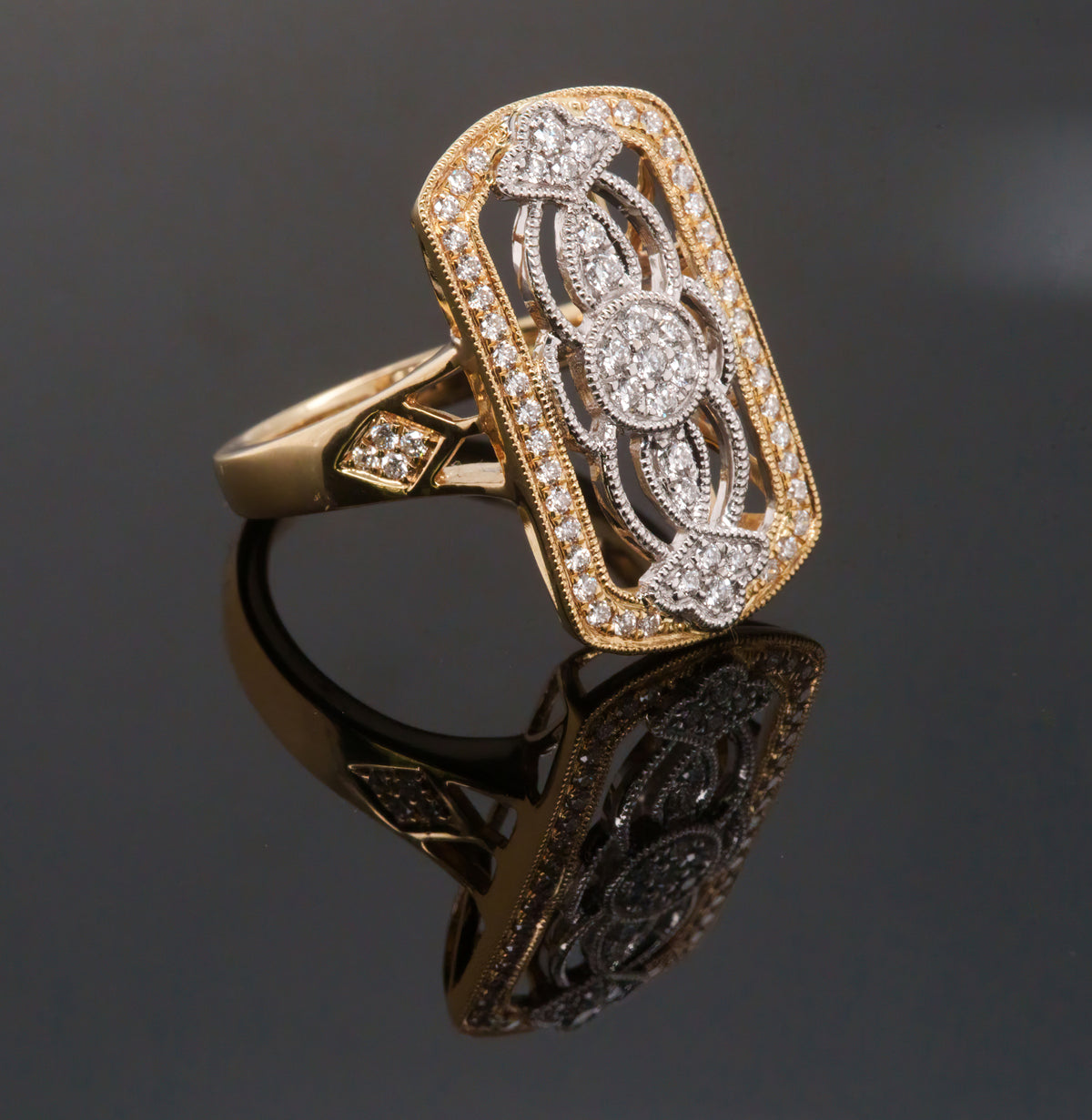 Art Deco–Inspired Diamond Openwork Ring in 18K Yellow and White Gold