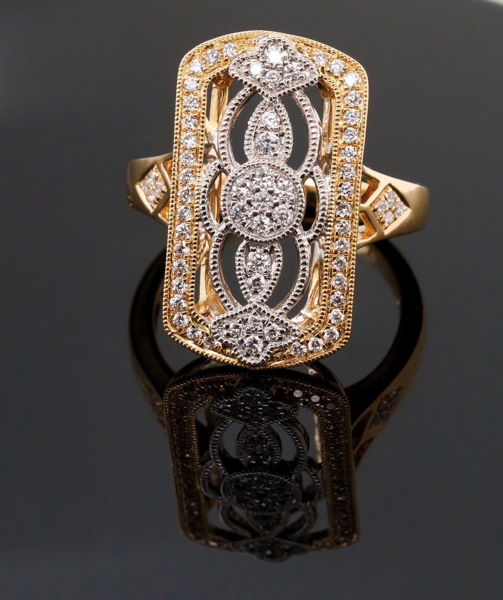 Art Deco–Inspired Diamond Openwork Ring in 18K Yellow and White Gold