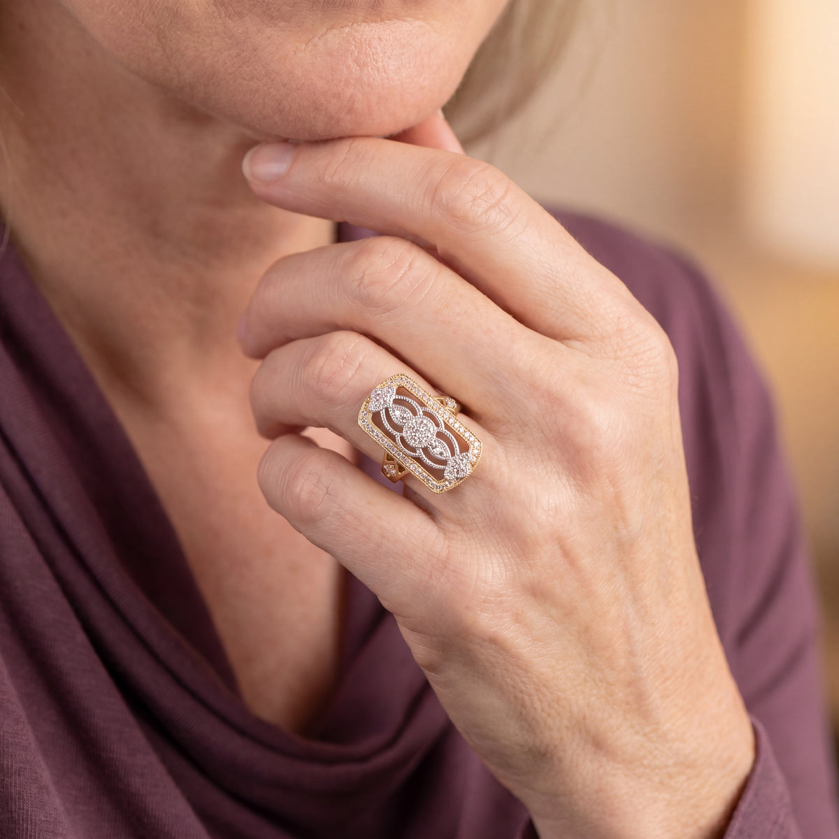 Art Deco–Inspired Diamond Openwork Ring in 18K Yellow and White Gold
