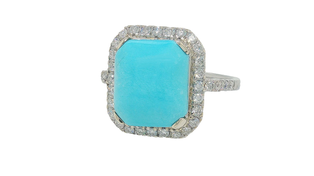 4.91 Carat Turquoise Diamond Halo Ring in 18K White Gold