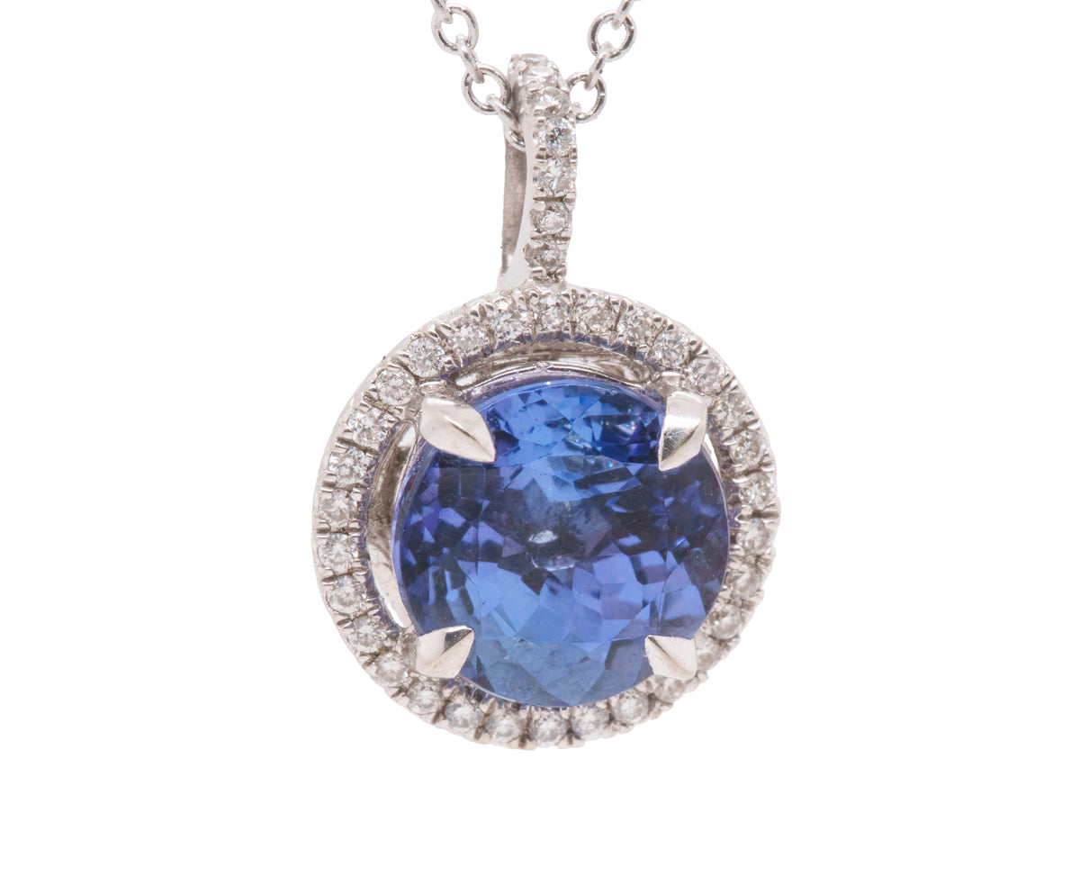GIA Certified 2.46 Carat Round Tanzanite Diamond Halo Pendant Necklace in 14K White Gold