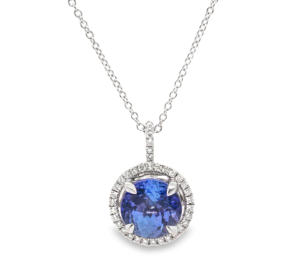 GIA Certified 2.46 Carat Round Tanzanite Diamond Halo Pendant Necklace in 14K White Gold