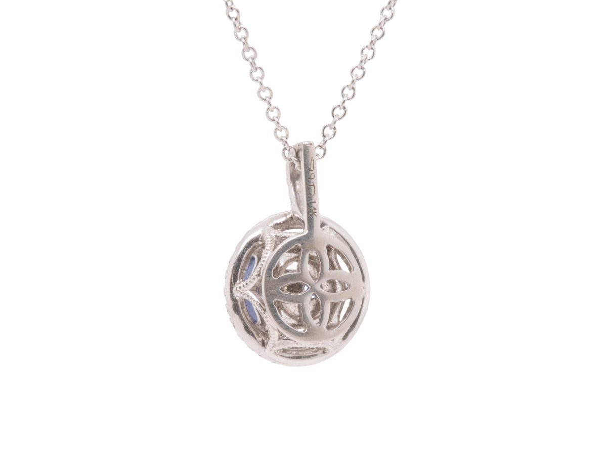 GIA Certified 2.46 Carat Round Tanzanite Diamond Halo Pendant Necklace in 14K White Gold