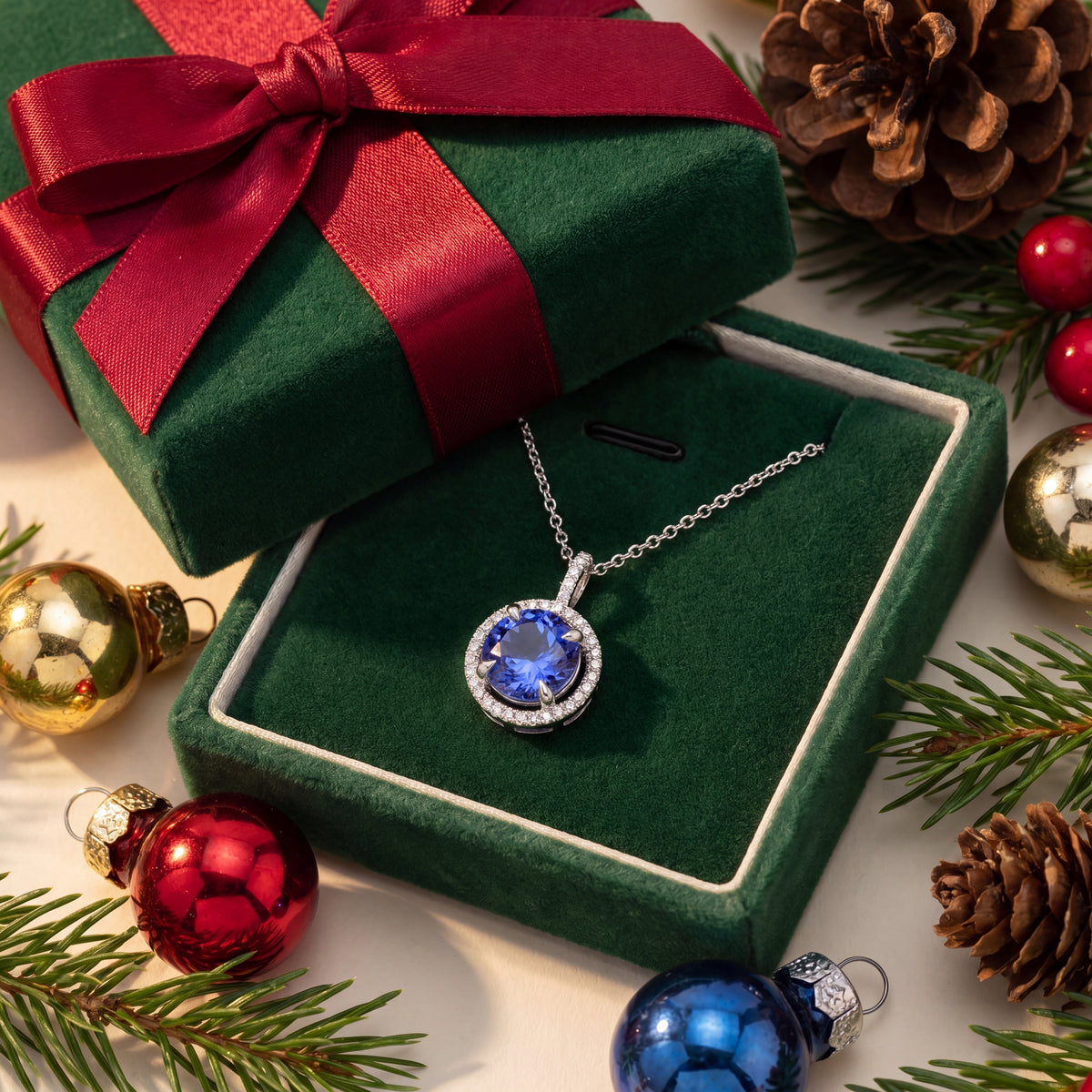 GIA Certified 2.46 Carat Round Tanzanite Diamond Halo Pendant Necklace in 14K White Gold