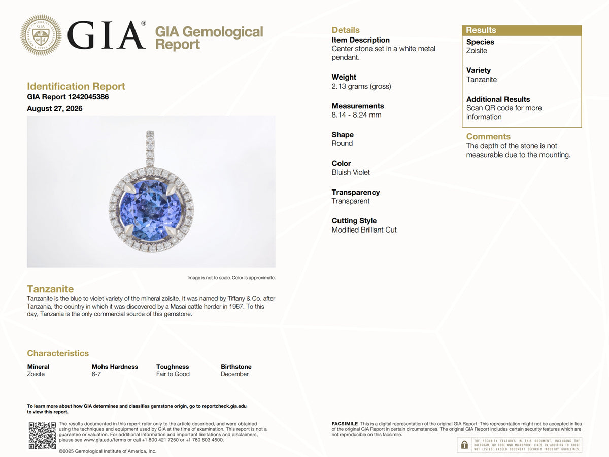 GIA Certified 2.46 Carat Round Tanzanite Diamond Halo Pendant Necklace in 14K White Gold