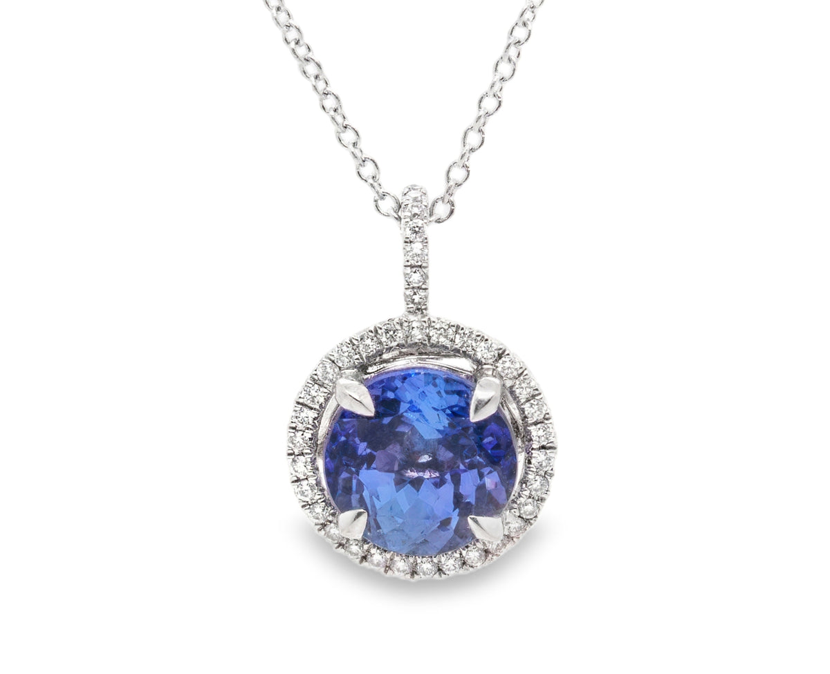 GIA Certified 2.46 Carat Round Tanzanite Diamond Halo Pendant Necklace in 14K White Gold
