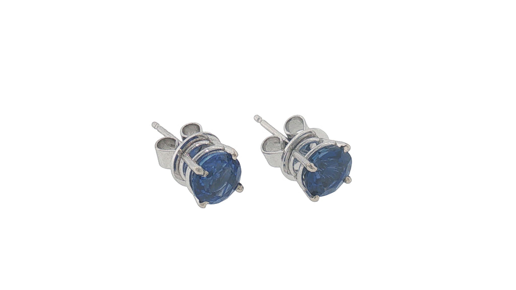 14K White Gold Round Blue Sapphire Stud Earrings, 1.00 Carat
