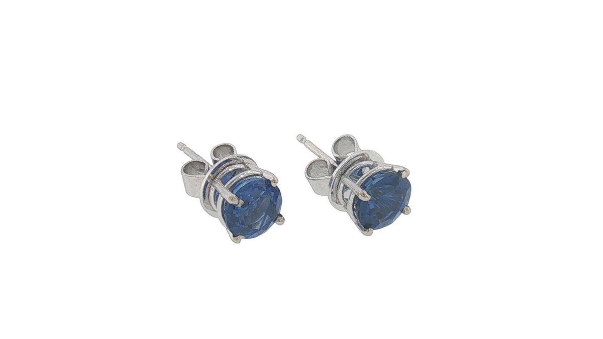 14K White Gold Round Blue Sapphire Stud Earrings, 1.00 Carat