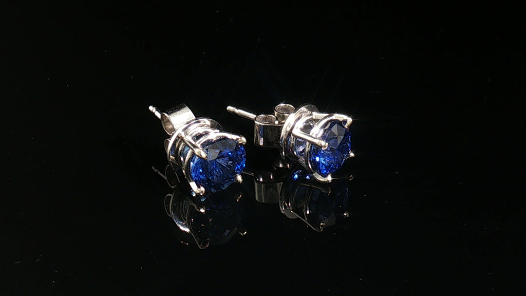 14K White Gold Round Blue Sapphire Stud Earrings, 1.00 Carat