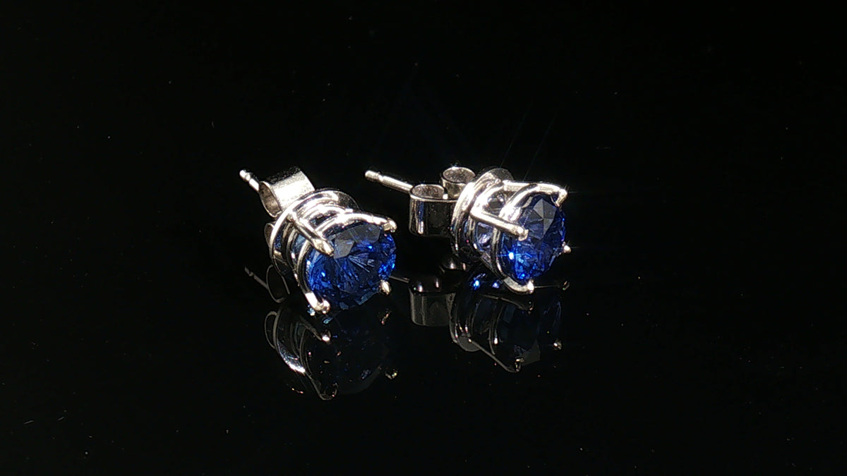 14K White Gold Round Blue Sapphire Stud Earrings, 1.00 Carat