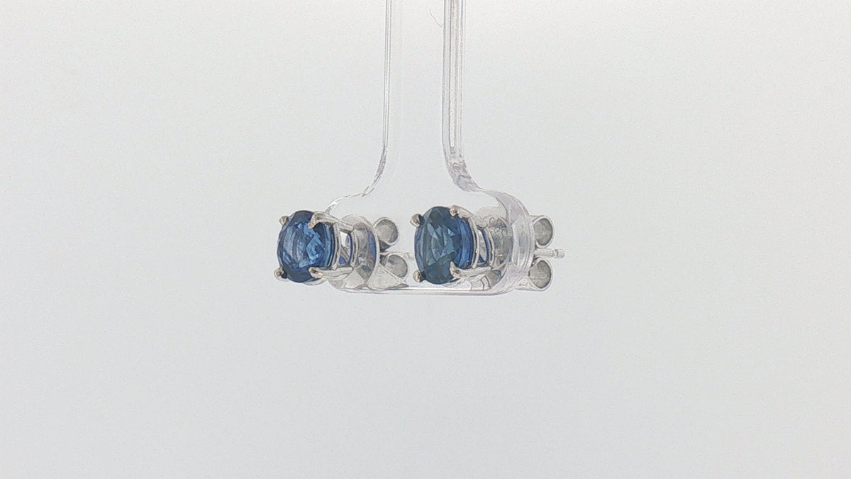 14K White Gold Round Blue Sapphire Stud Earrings, 1.00 Carat