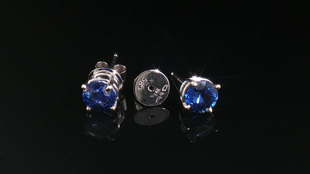 14K White Gold Round Blue Sapphire Stud Earrings, 1.00 Carat
