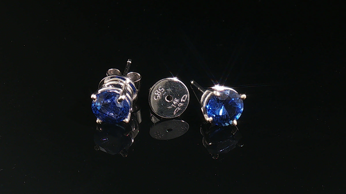 14K White Gold Round Blue Sapphire Stud Earrings, 1.00 Carat