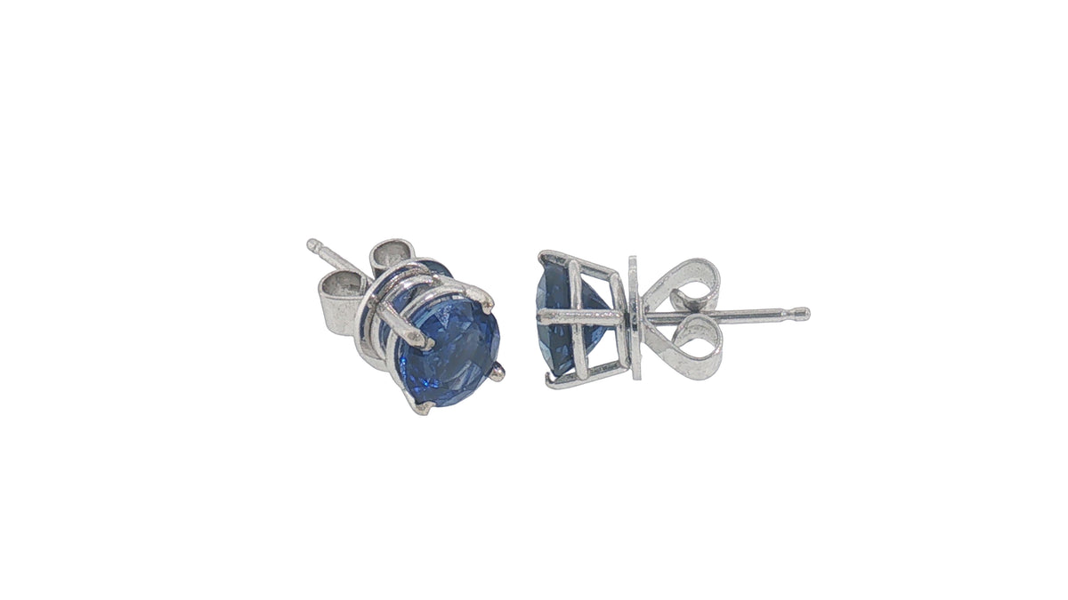 14K White Gold Round Blue Sapphire Stud Earrings, 1.00 Carat
