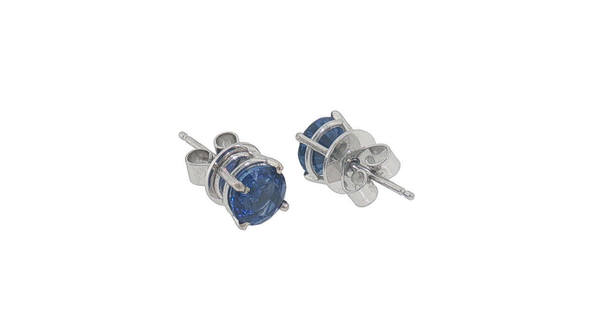 14K White Gold Round Blue Sapphire Stud Earrings, 1.00 Carat