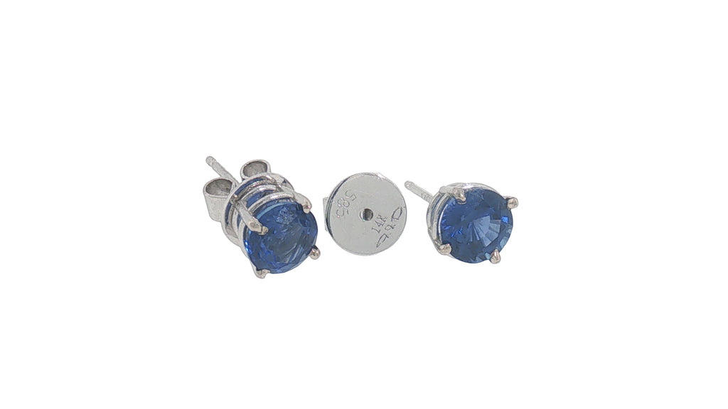 14K White Gold Round Blue Sapphire Stud Earrings, 1.00 Carat
