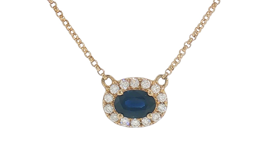 14K Yellow Gold Oval Blue Sapphire Halo Necklace