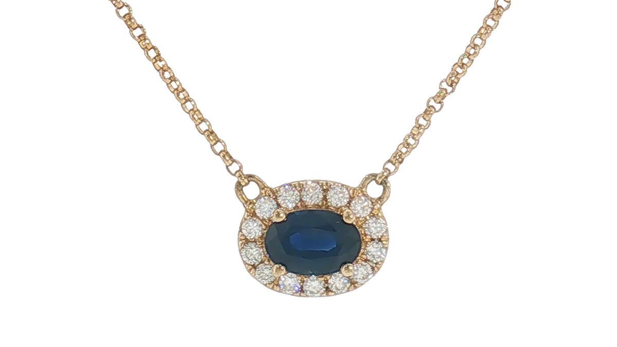 14K Yellow Gold Oval Blue Sapphire Halo Necklace