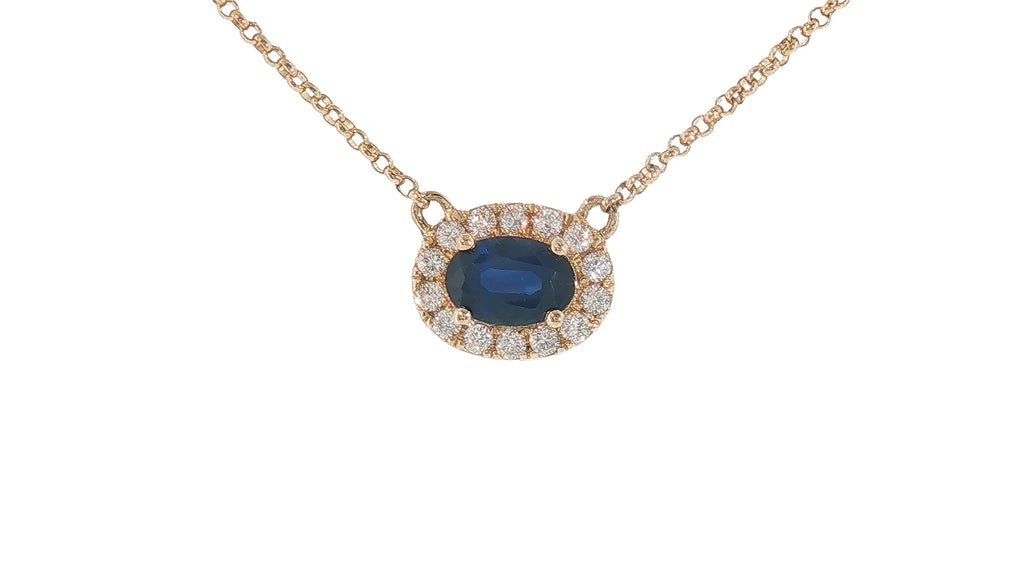 14K Yellow Gold Oval Blue Sapphire Halo Necklace