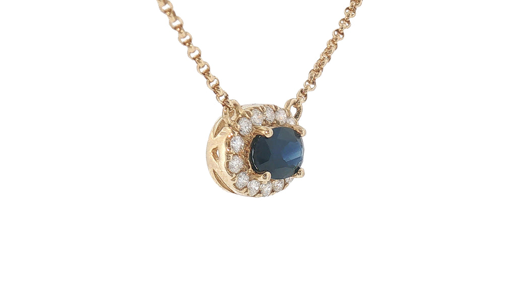 14K Yellow Gold Oval Blue Sapphire Halo Necklace
