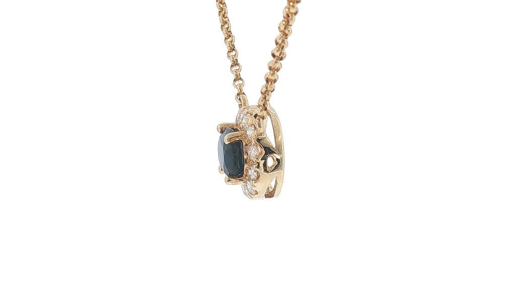 14K Yellow Gold Oval Blue Sapphire Halo Necklace