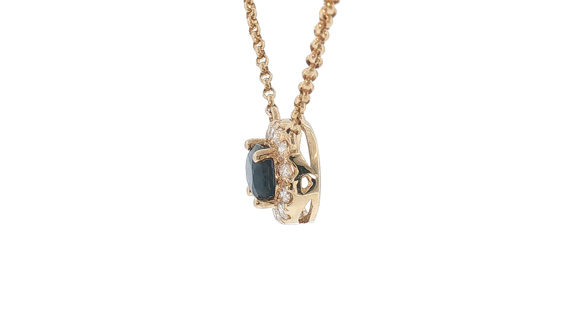 14K Yellow Gold Oval Blue Sapphire Halo Necklace