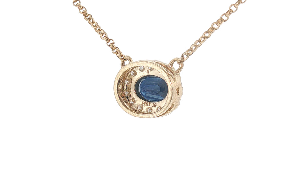 14K Yellow Gold Oval Blue Sapphire Halo Necklace