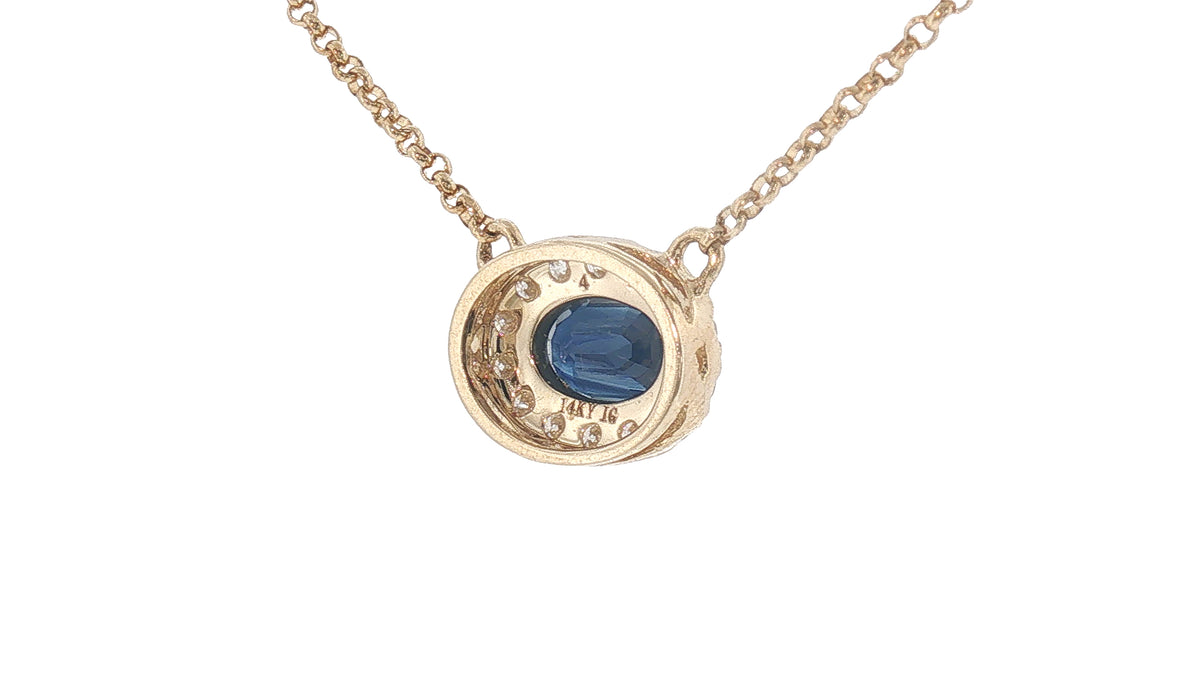 14K Yellow Gold Oval Blue Sapphire Halo Necklace