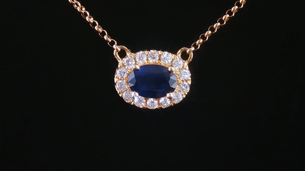 14K Yellow Gold Oval Blue Sapphire Halo Necklace