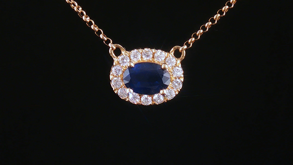 14K Yellow Gold Oval Blue Sapphire Halo Necklace