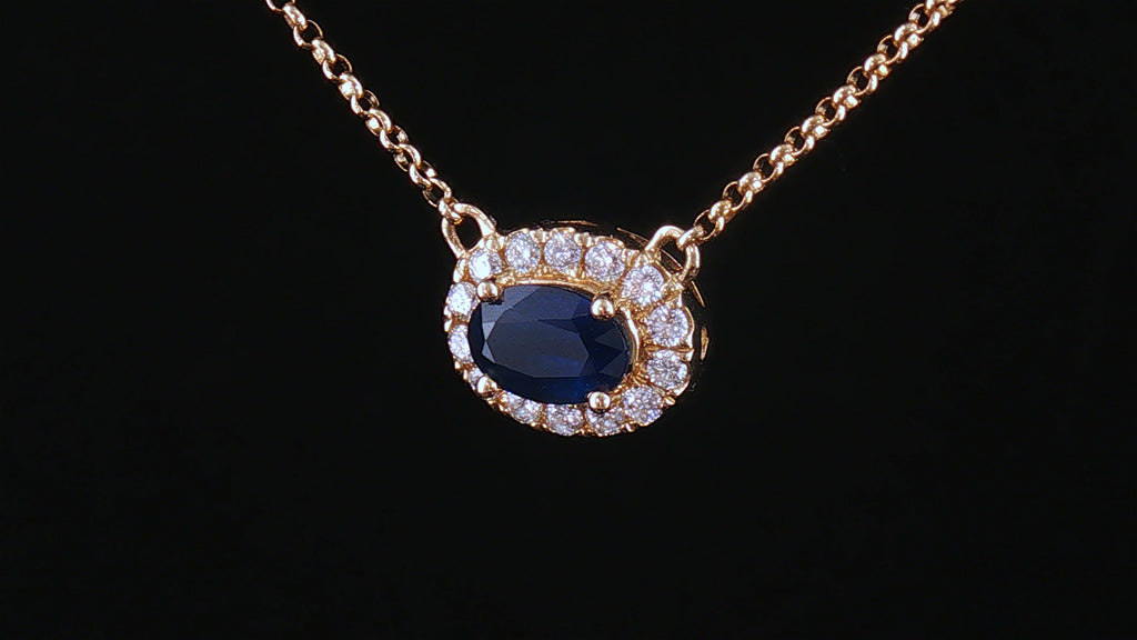 14K Yellow Gold Oval Blue Sapphire Halo Necklace